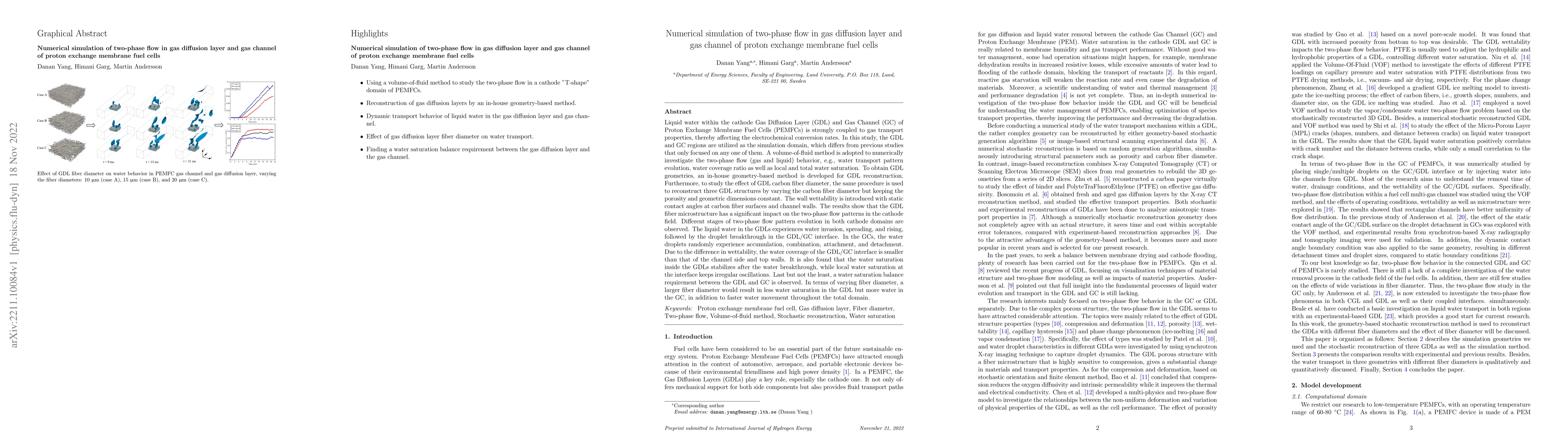 Thumbnail for Numerical simulation of two-phase flow in gas diffusion layer and gas
  channel of proton exchange membrane fuel cells