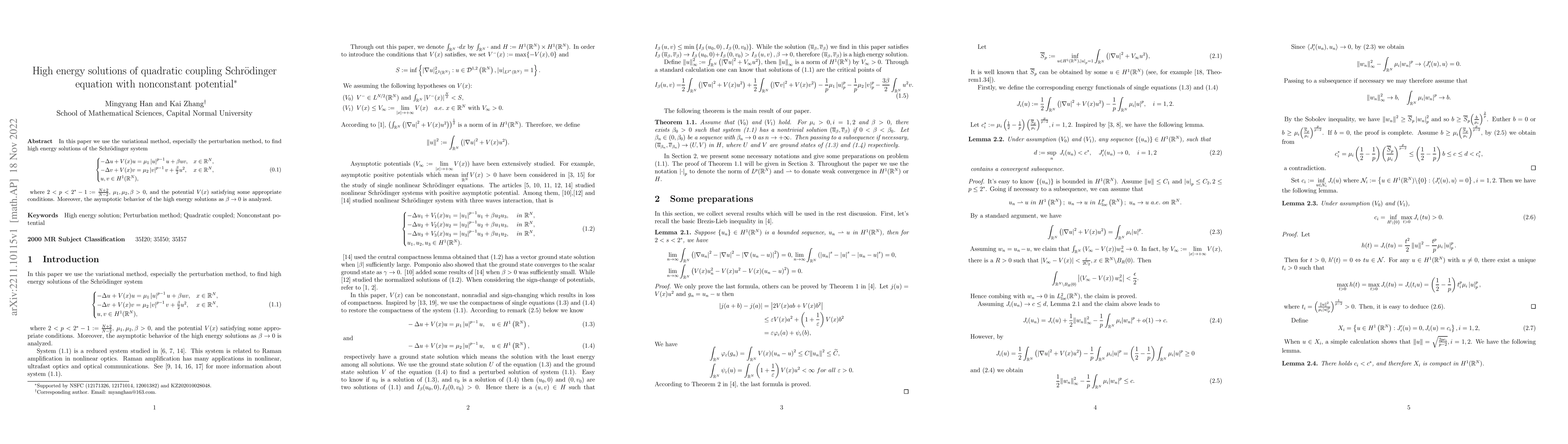 Thumbnail for High energy solutions of quadratic coupling Schrodinger equation with
  nonconstant potential