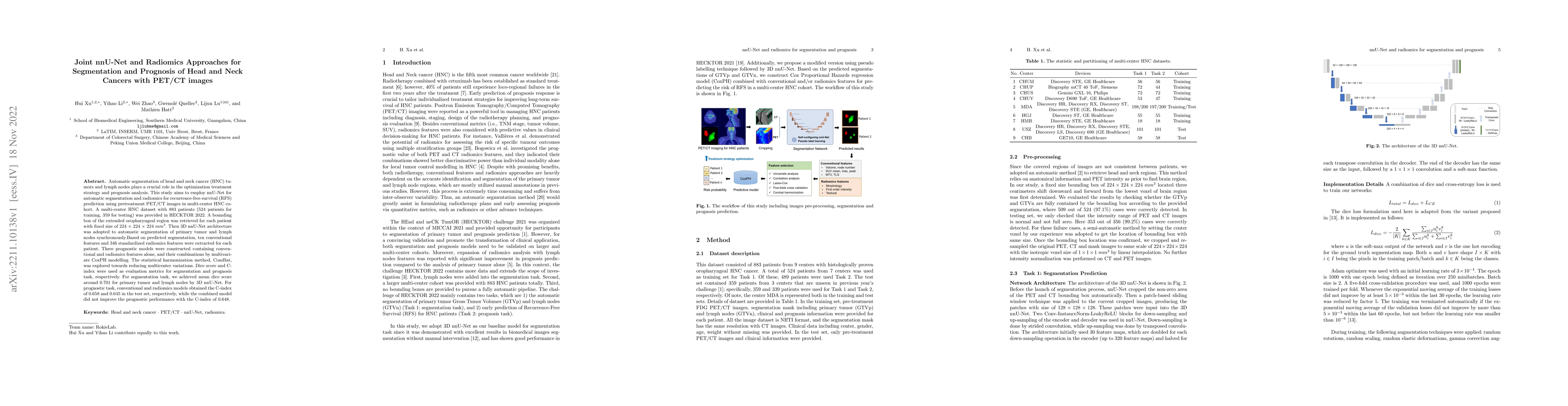 Thumbnail for Joint nnU-Net and Radiomics Approaches for Segmentation and Prognosis of
  Head and Neck Cancers with PET/CT images