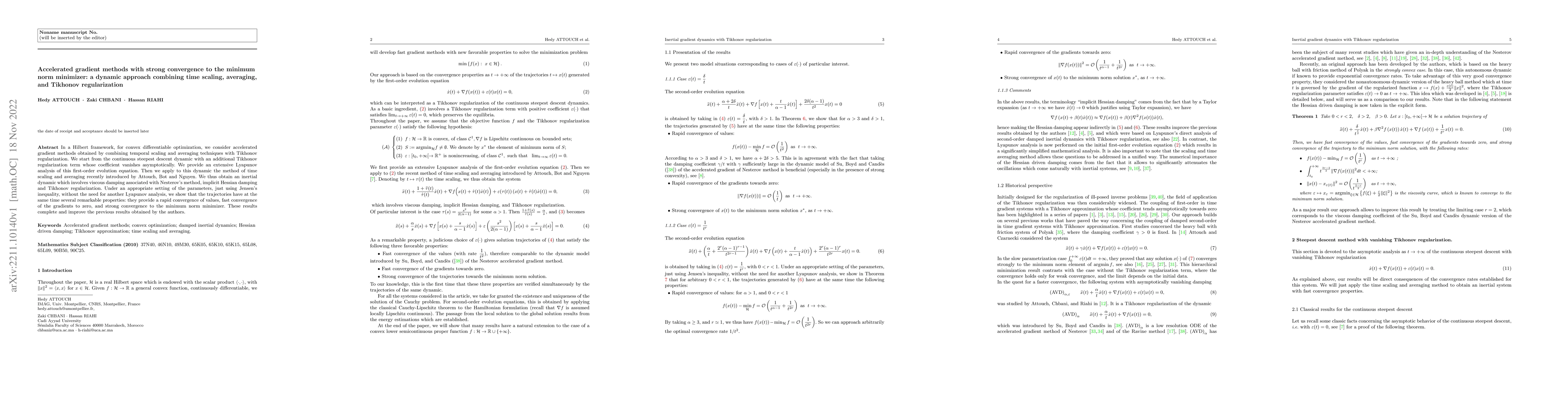 Thumbnail for Accelerated gradient methods with strong convergence to the minimum norm
  minimizer: a dynamic approach combining time scaling, averaging, and Tikhonov
  regularization