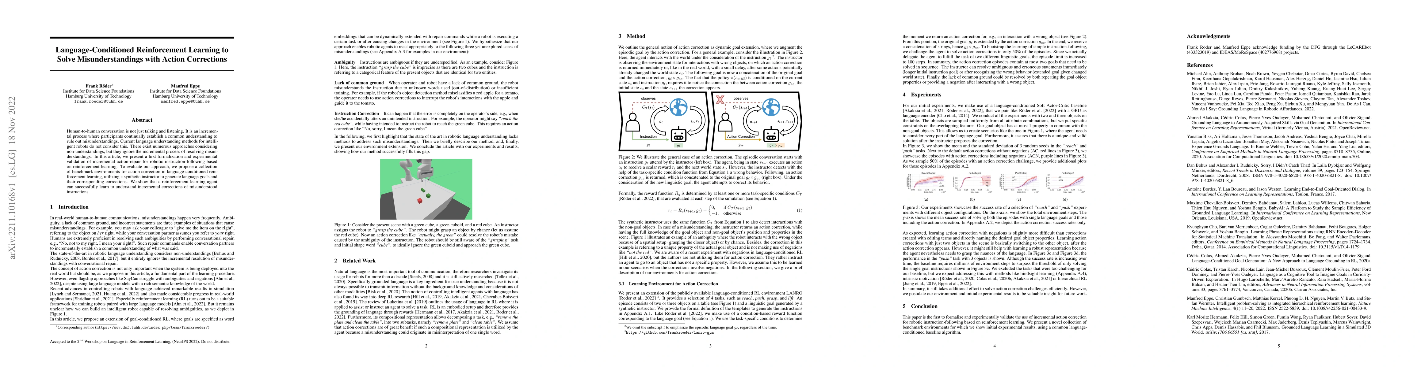 Thumbnail for Language-Conditioned Reinforcement Learning to Solve Misunderstandings
  with Action Corrections