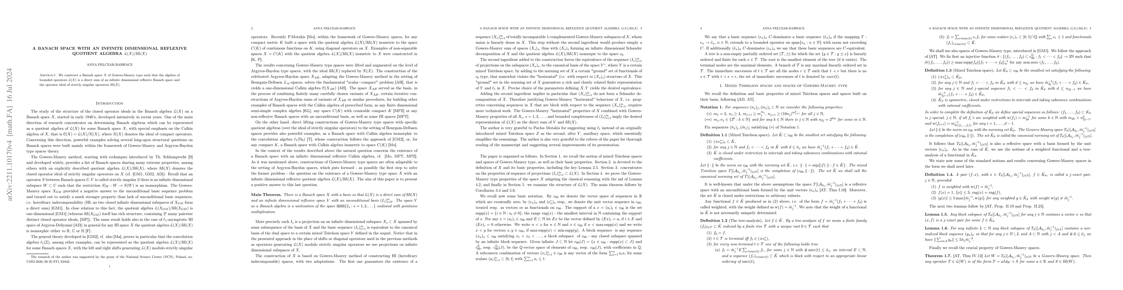 Thumbnail for A Banach space with an infinite dimensional reflexive quotient algebra
  L(X)/SS(X)