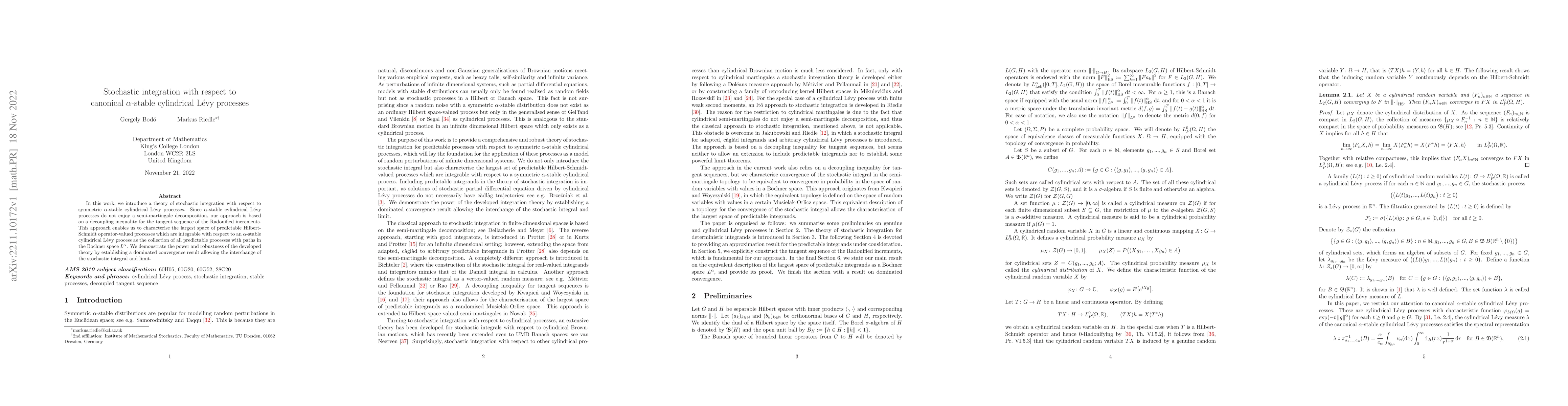 Thumbnail for Stochastic integration with respect to canonical $\alpha$-stable
  cylindrical L\'evy processes