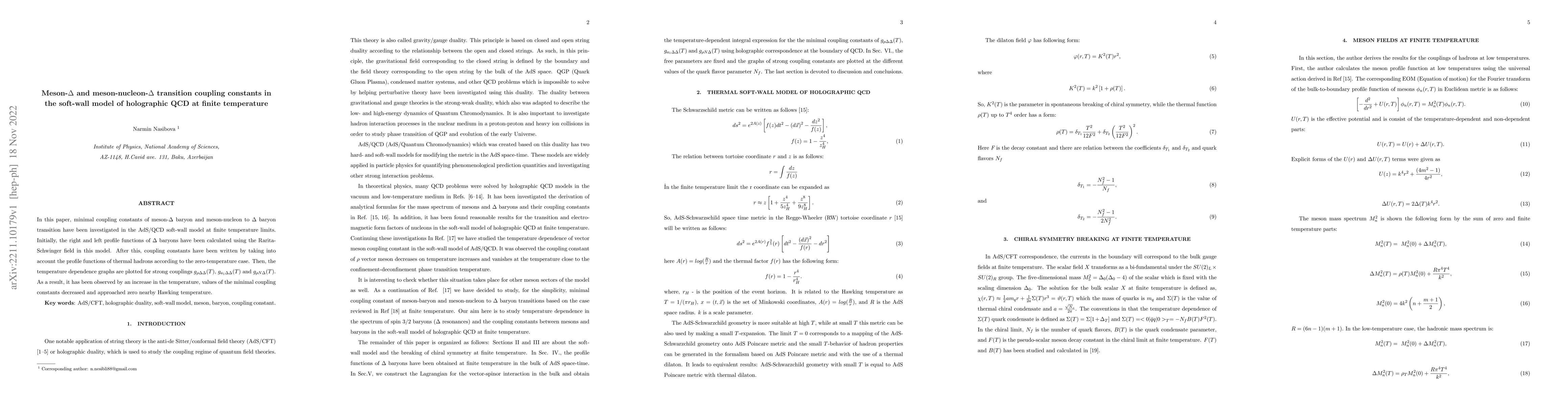 Thumbnail for Meson-$\Delta$ and meson-nucleon-$\Delta$ transition coupling constants
  in the soft-wall model of holographic QCD at finite temperature