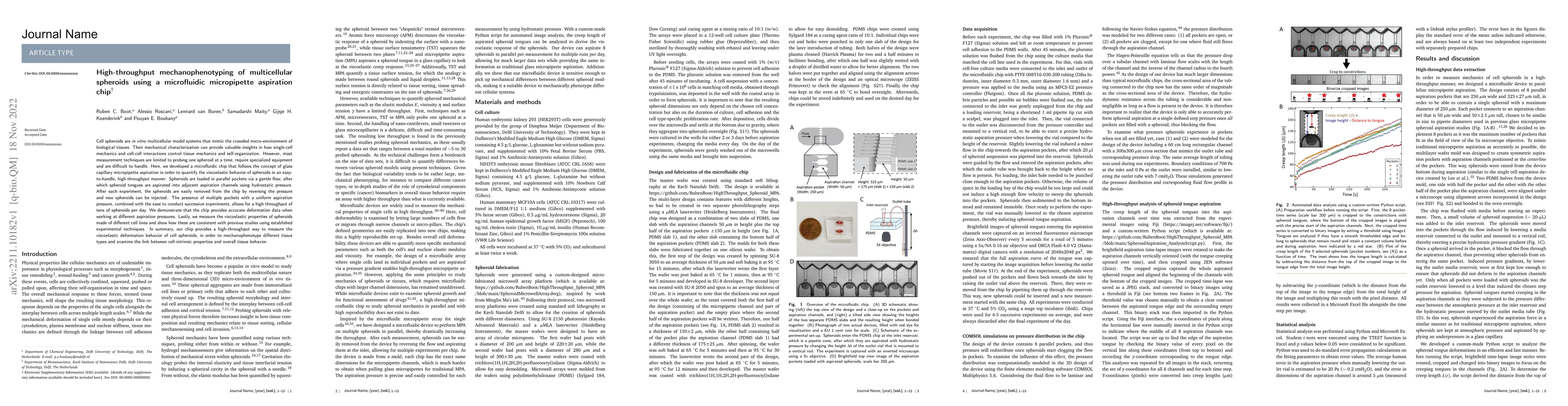 Thumbnail for High-throughput mechanophenotyping of multicellular spheroids using a
  microfluidic micropipette aspiration chip