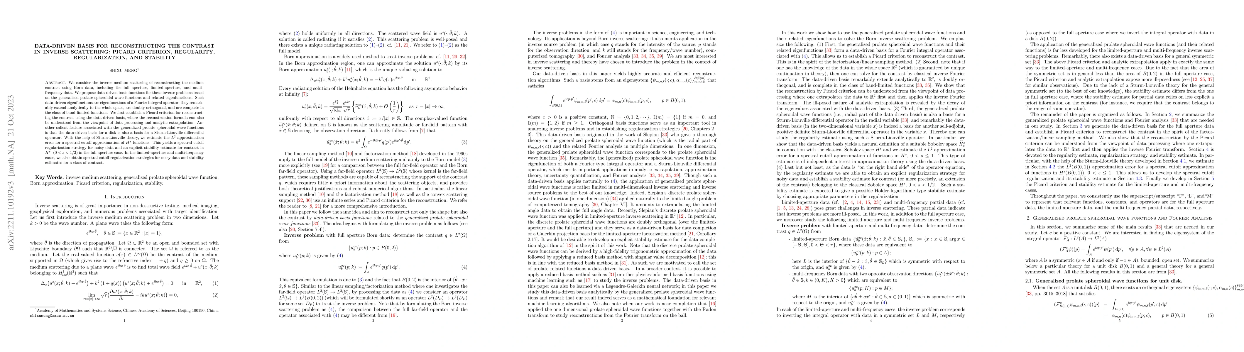 Thumbnail for Data-driven basis for reconstructing the contrast in inverse scattering:
  Picard criterion, regularity, regularization, and stability