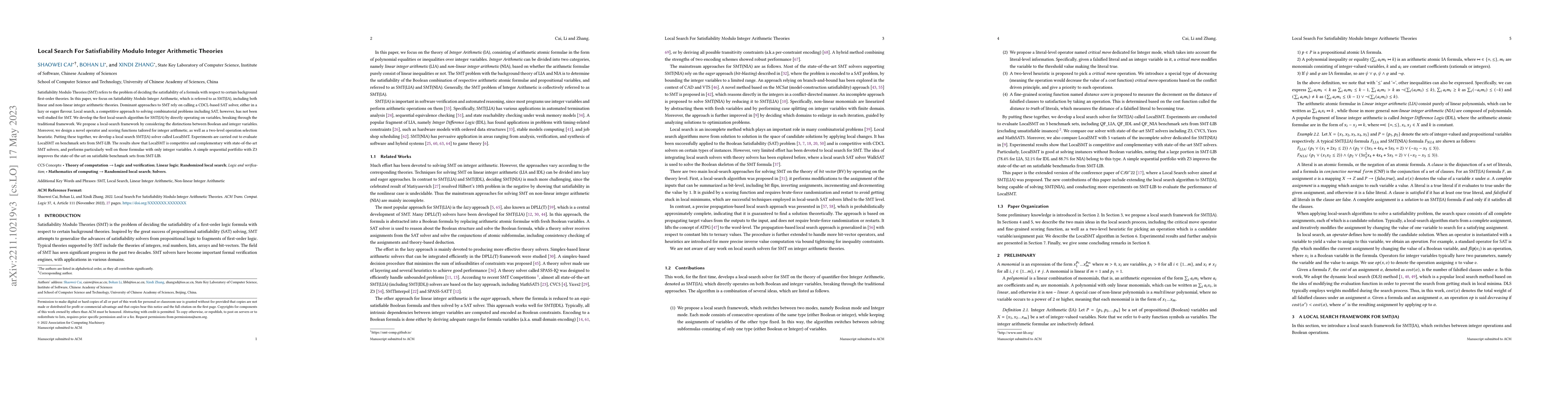 Thumbnail for Local Search For Satisfiability Modulo Integer Arithmetic Theories