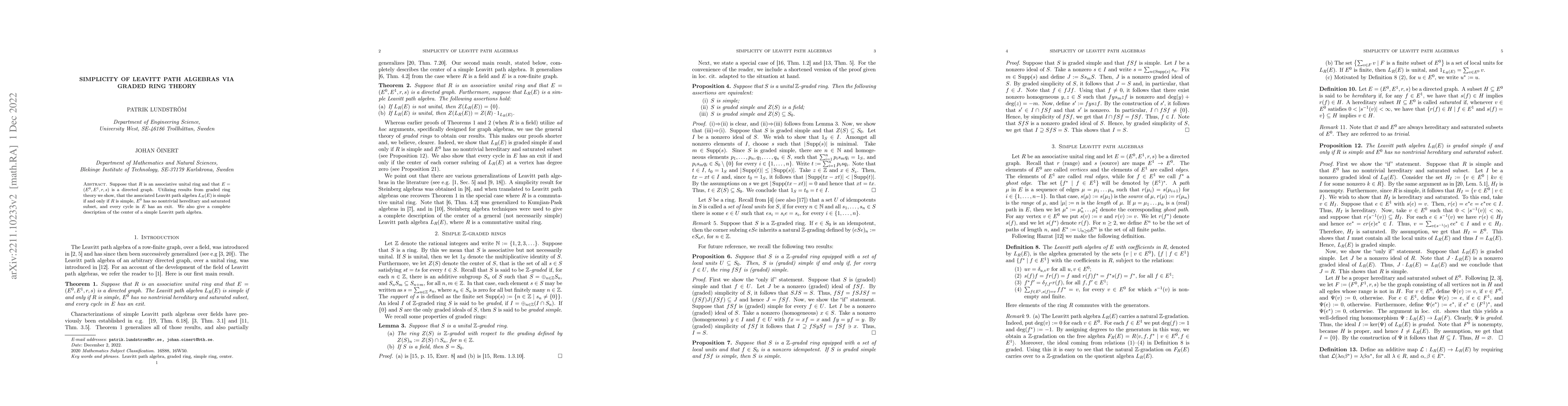 Thumbnail for Simplicity of Leavitt path algebras via graded ring theory