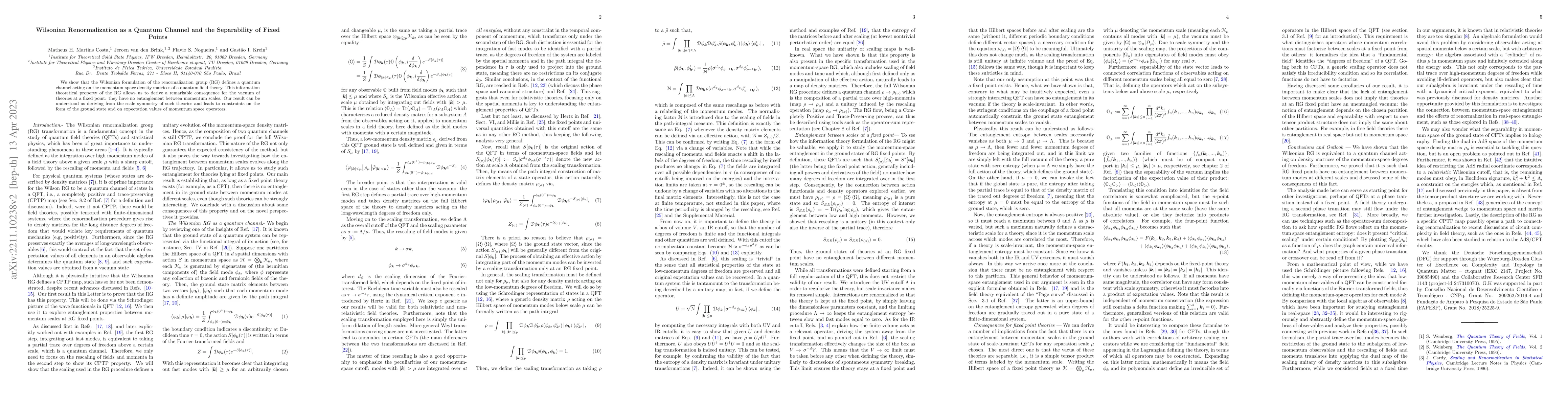 Thumbnail for Wilsonian Renormalization as a Quantum Channel and the Separability of
  Fixed Points