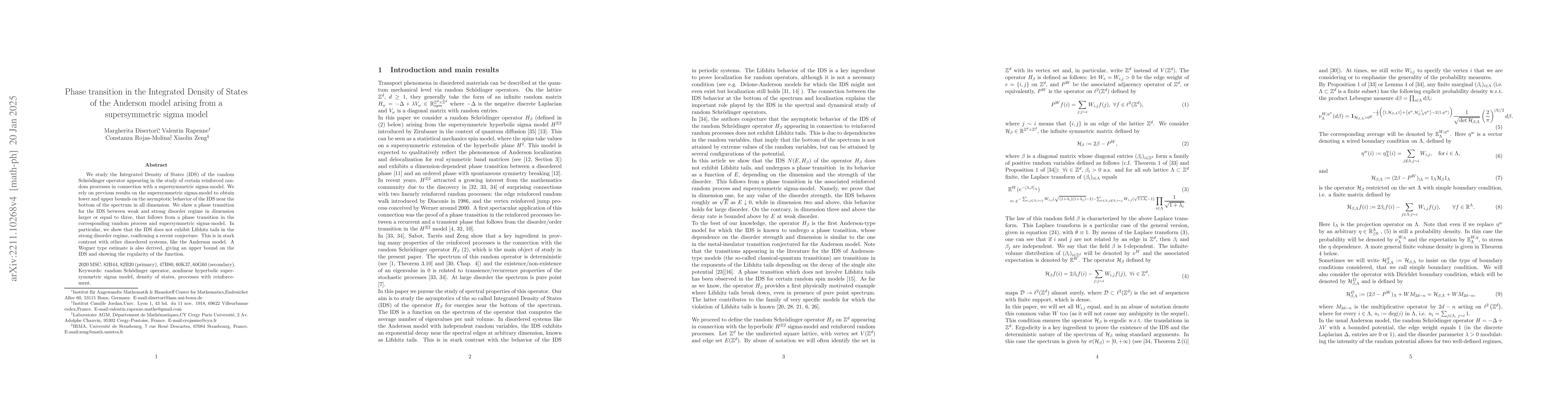Thumbnail for Phase transition in the Integrated Density of States of the Anderson
  model arising from a supersymmetric sigma model