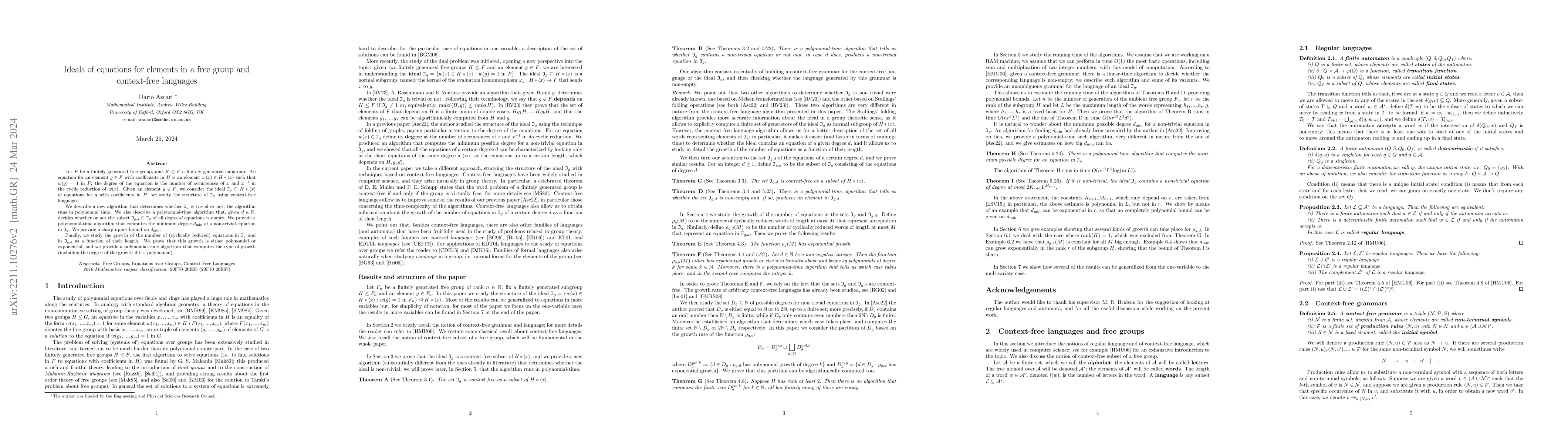 Thumbnail for Ideals of equations for elements in a free group and context-free
  languages