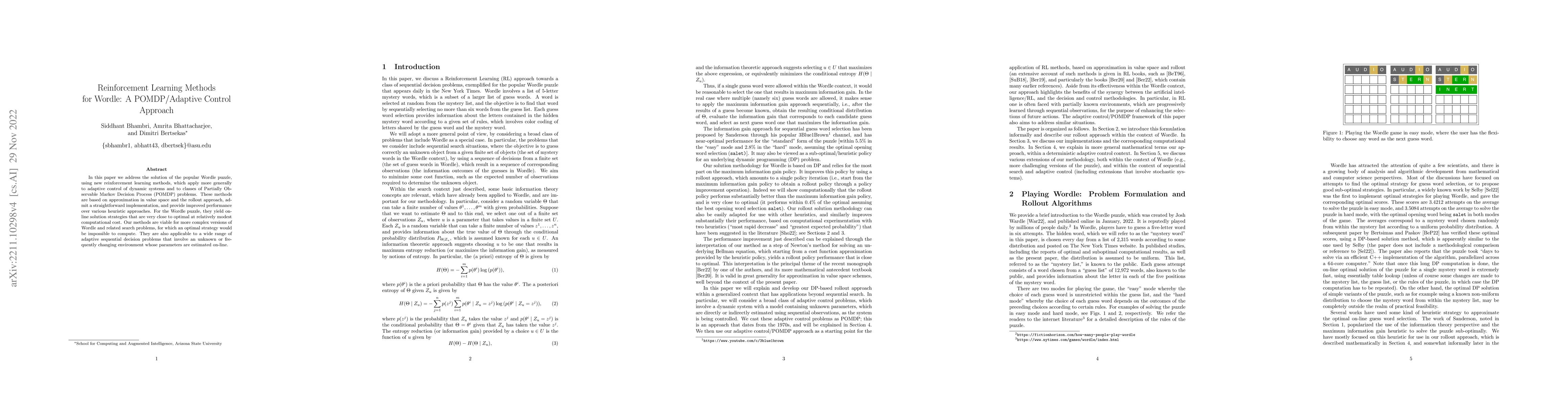 Thumbnail for Reinforcement Learning Methods for Wordle: A POMDP/Adaptive Control
  Approach