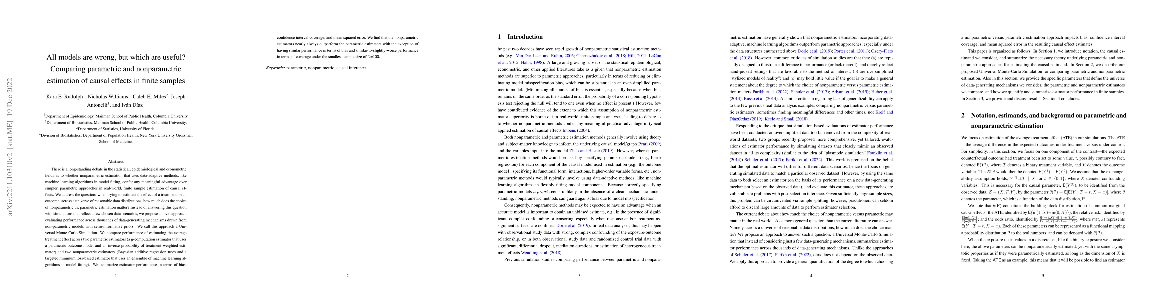 Thumbnail for All models are wrong, but which are useful? Comparing parametric and
  nonparametric estimation of causal effects in finite samples