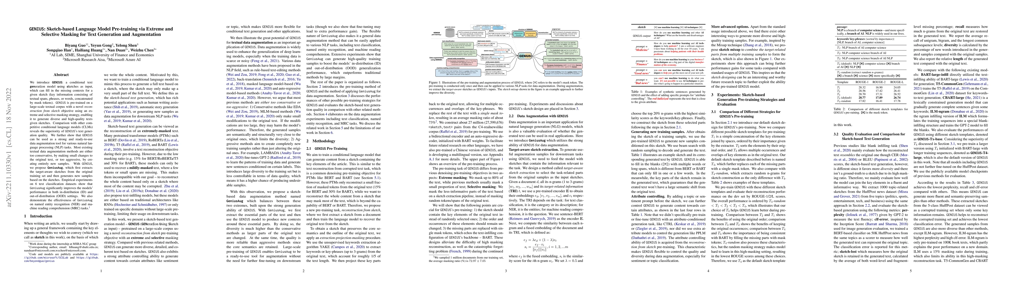 Thumbnail for GENIUS: Sketch-based Language Model Pre-training via Extreme and
  Selective Masking for Text Generation and Augmentation