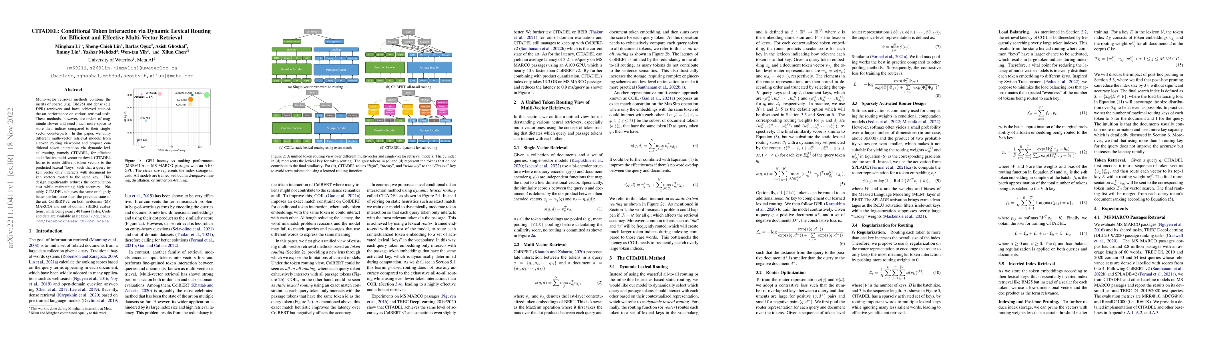 Thumbnail for CITADEL: Conditional Token Interaction via Dynamic Lexical Routing for
  Efficient and Effective Multi-Vector Retrieval