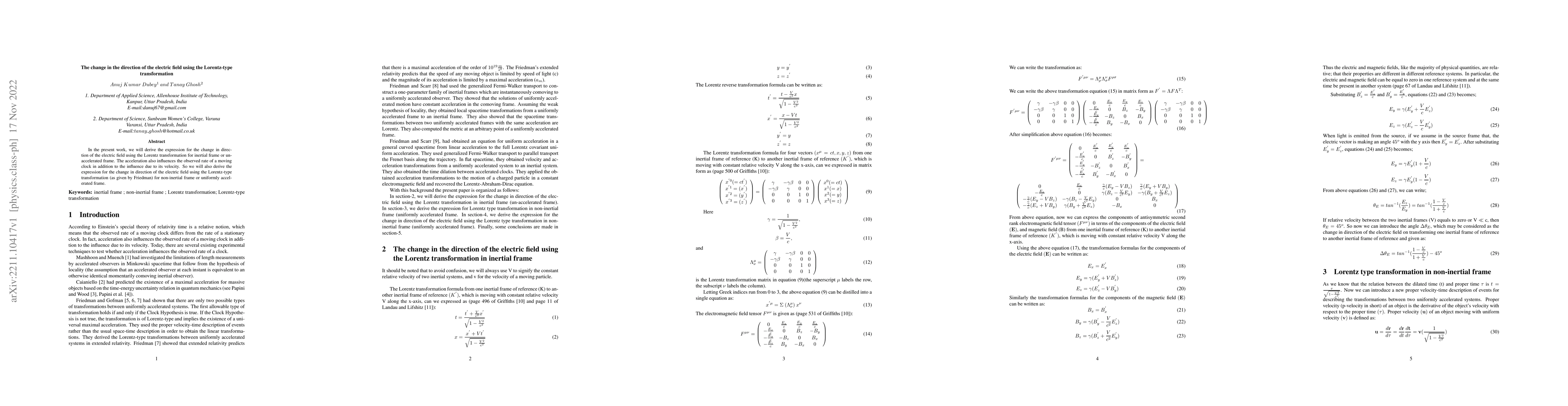 Thumbnail for The change in the direction of the electric field using the Lorentz-type
  transformation