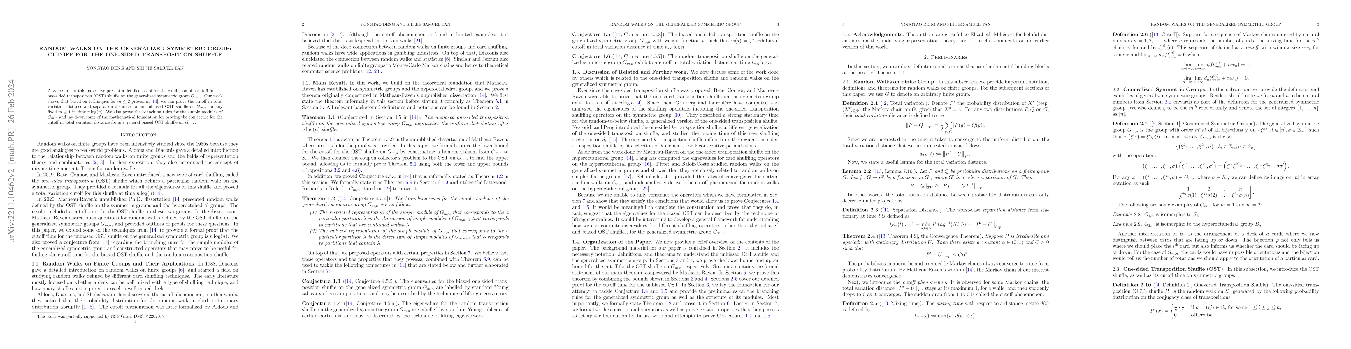 Thumbnail for Random Walks on the Generalized Symmetric Group: Cutoff for the
  One-sided Transposition Shuffle