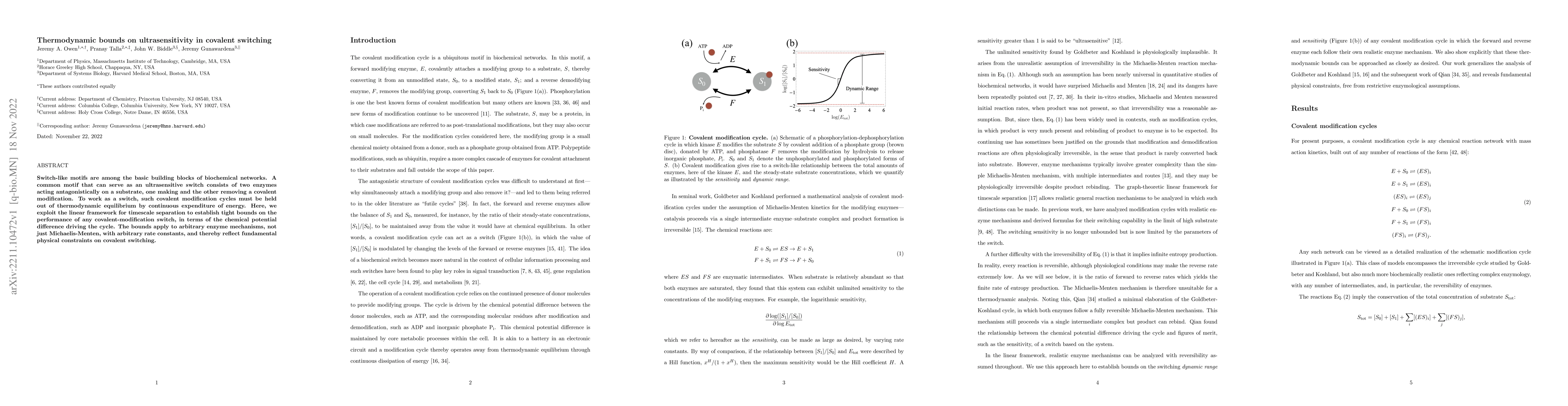 Thumbnail for Thermodynamic bounds on ultrasensitivity in covalent switching