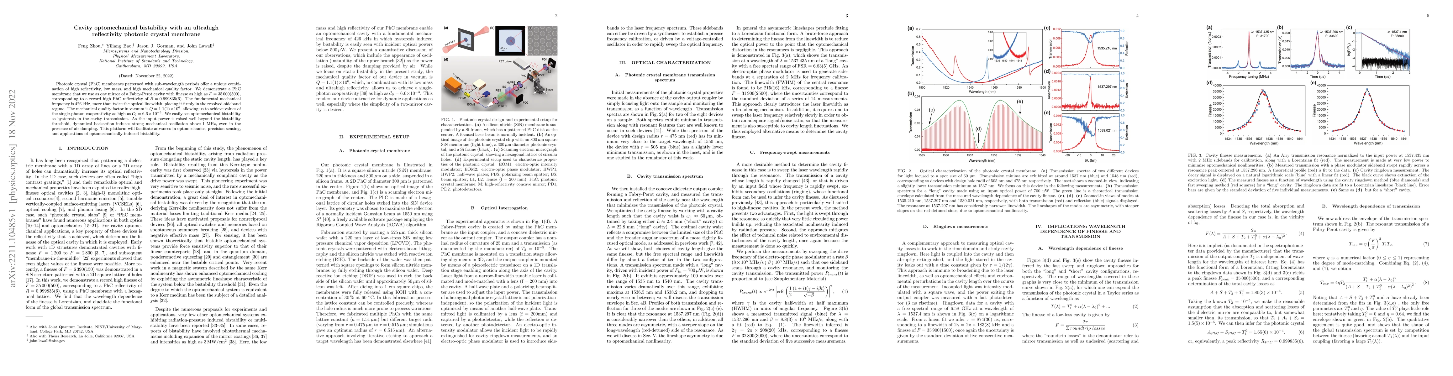 Thumbnail for Cavity optomechanical bistability with an ultrahigh reflectivity
  photonic crystal membrane