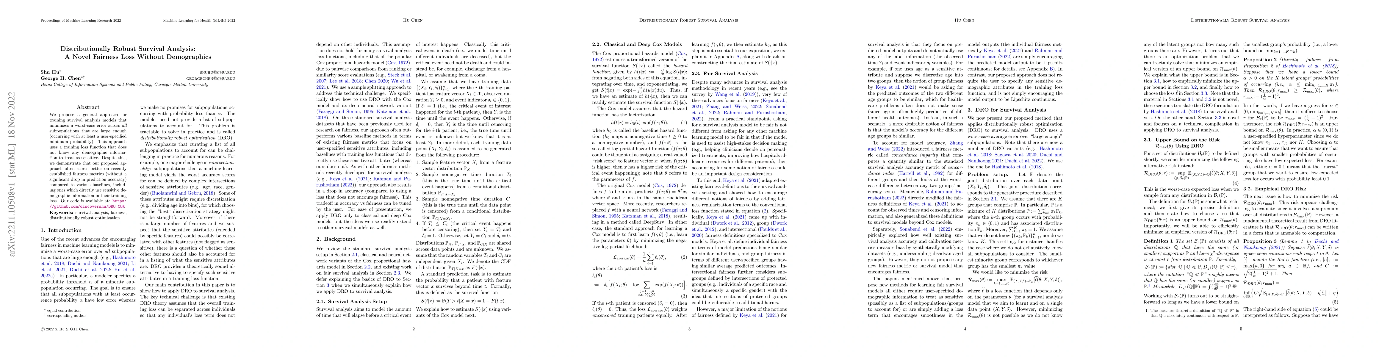 Thumbnail for Distributionally Robust Survival Analysis: A Novel Fairness Loss Without
  Demographics