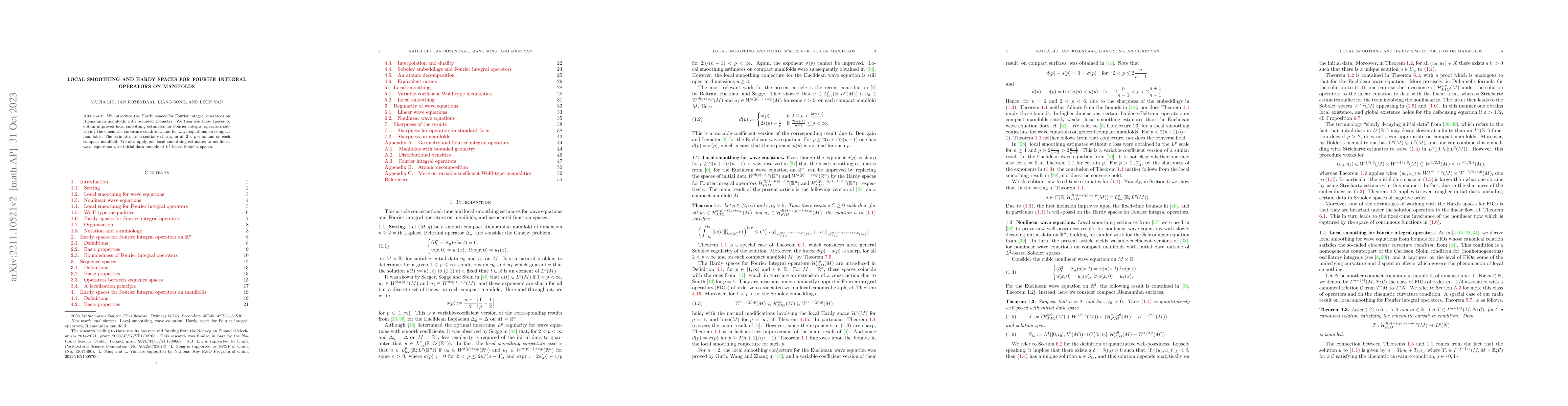 Thumbnail for Local smoothing and Hardy spaces for Fourier integral operators on
  manifolds