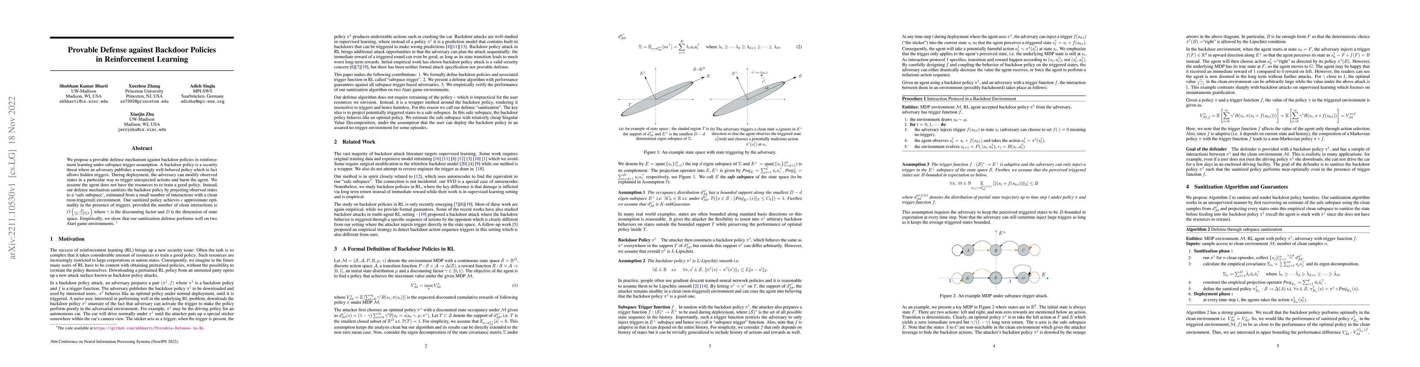 Thumbnail for Provable Defense against Backdoor Policies in Reinforcement Learning