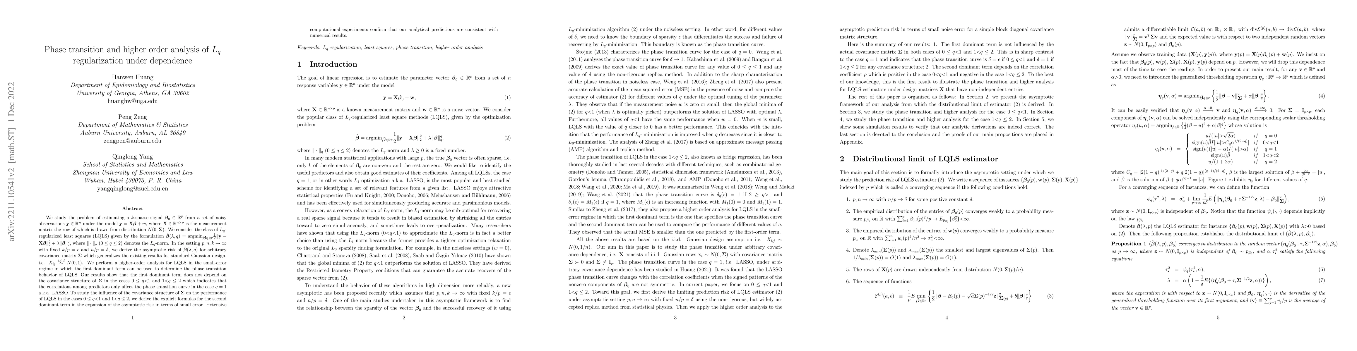 Thumbnail for Phase transition and higher order analysis of $L_q$ regularization under
  dependence