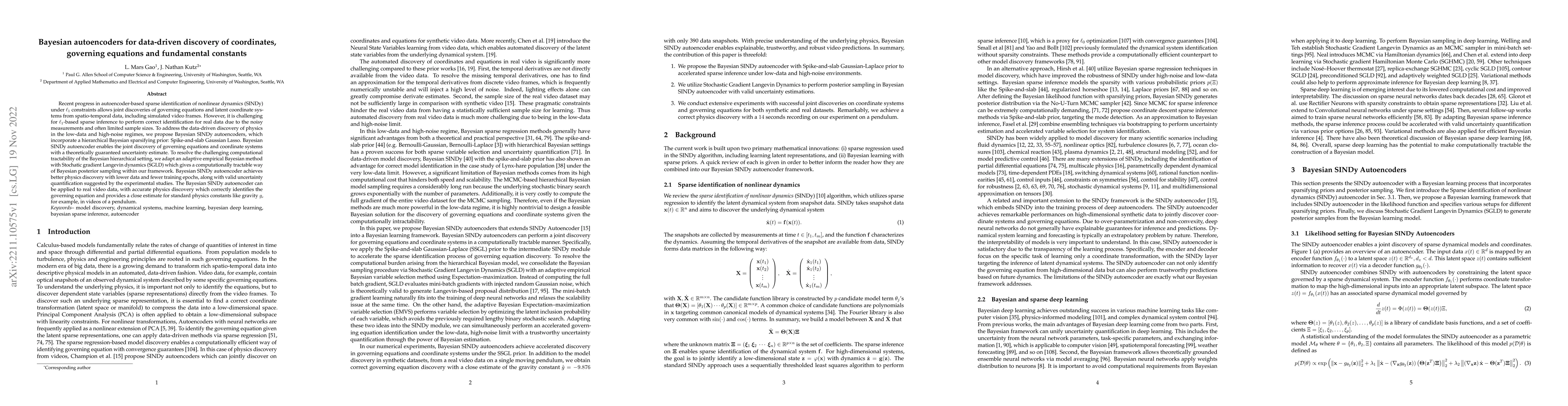 Thumbnail for Bayesian autoencoders for data-driven discovery of coordinates,
  governing equations and fundamental constants