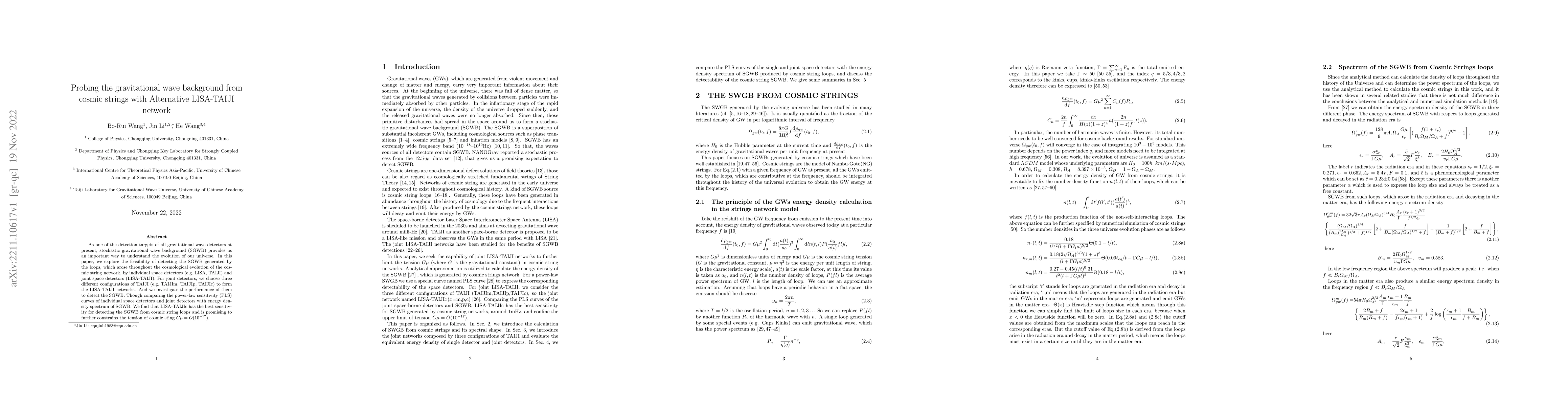 Thumbnail for Probing the gravitational wave background from cosmic strings with
  Alternative LISA-TAIJI network