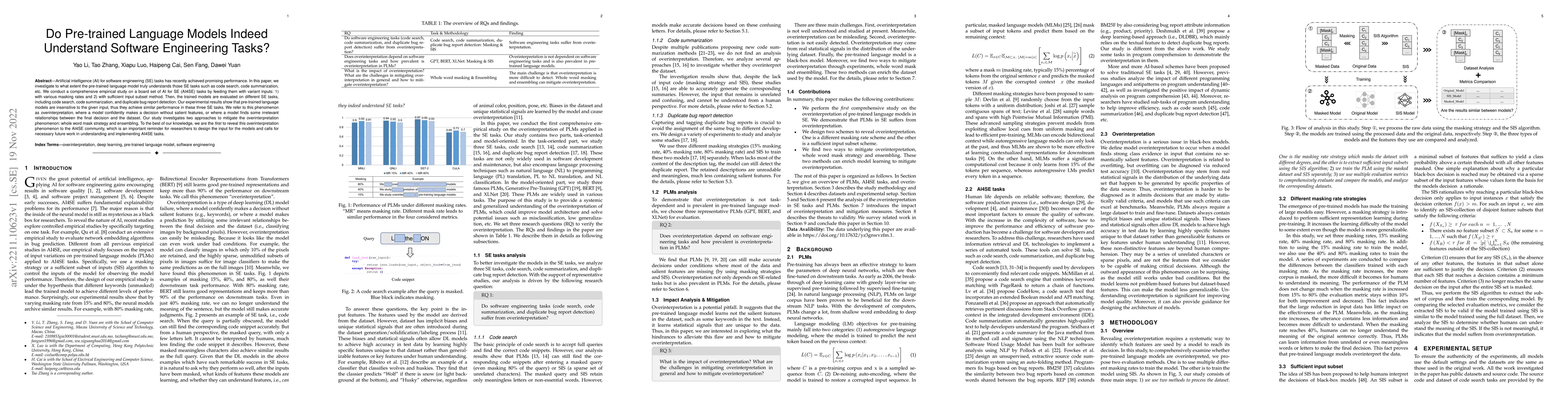 Thumbnail for Do Pre-trained Language Models Indeed Understand Software Engineering
  Tasks?