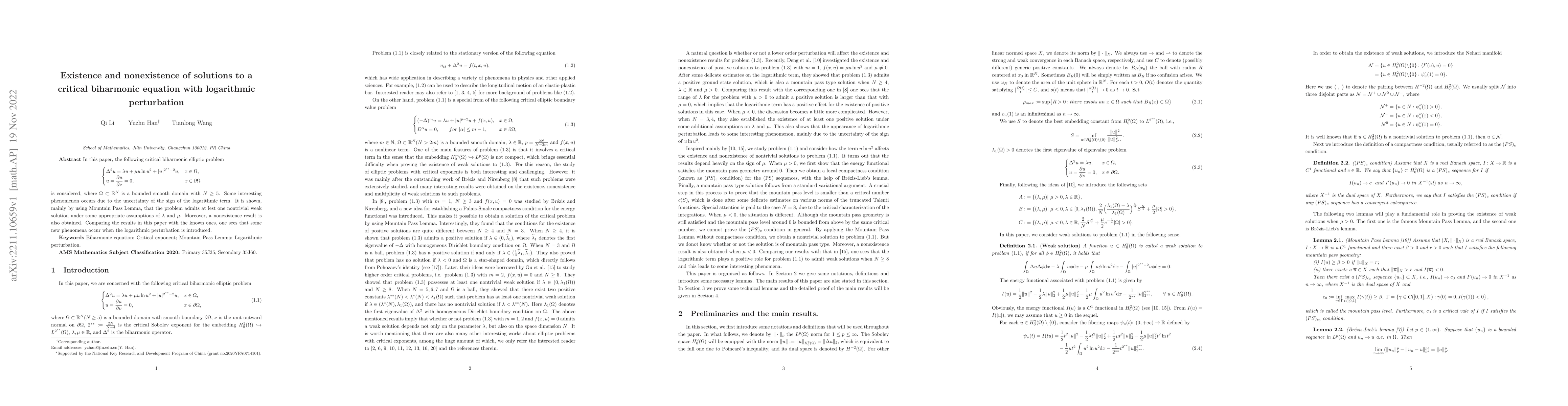 Thumbnail for Existence and nonexistence of solutions to a critical biharmonic
  equation with logarithmic perturbation