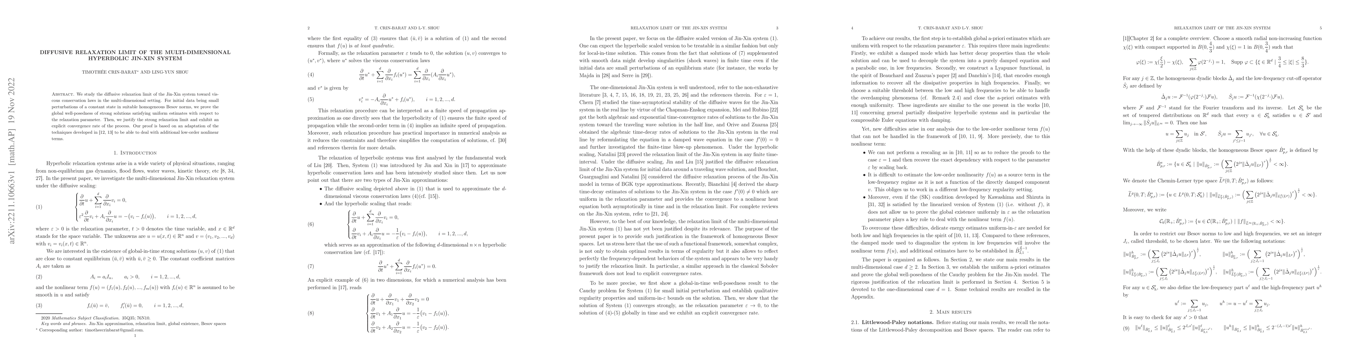 Thumbnail for Diffusive relaxation limit of the multi-dimensional hyperbolic Jin-Xin
  system