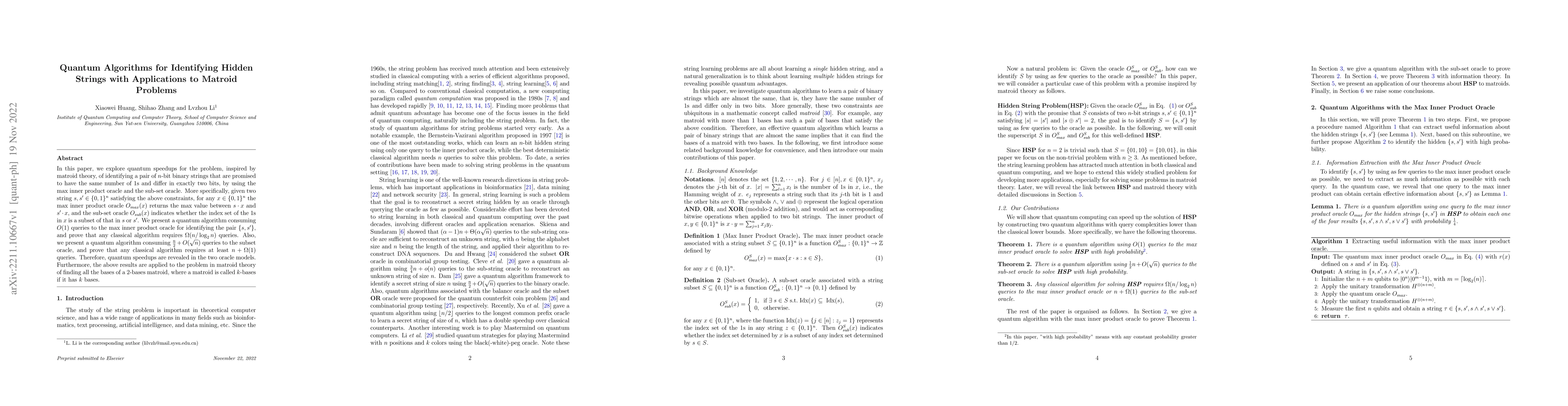 Thumbnail for Quantum Algorithms for Identifying Hidden Strings with Applications to
  Matroid Problems