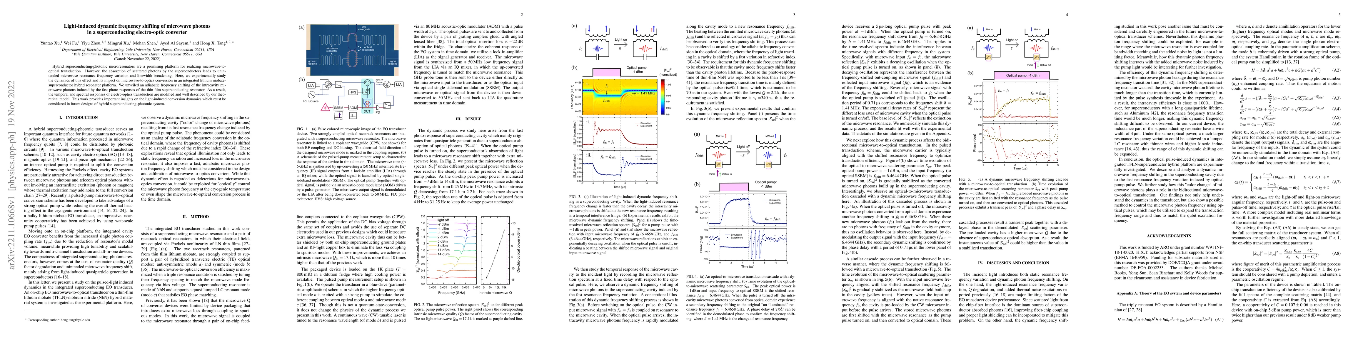 Thumbnail for Light-induced dynamic frequency shifting of microwave photons in a
  superconducting electro-optic converter