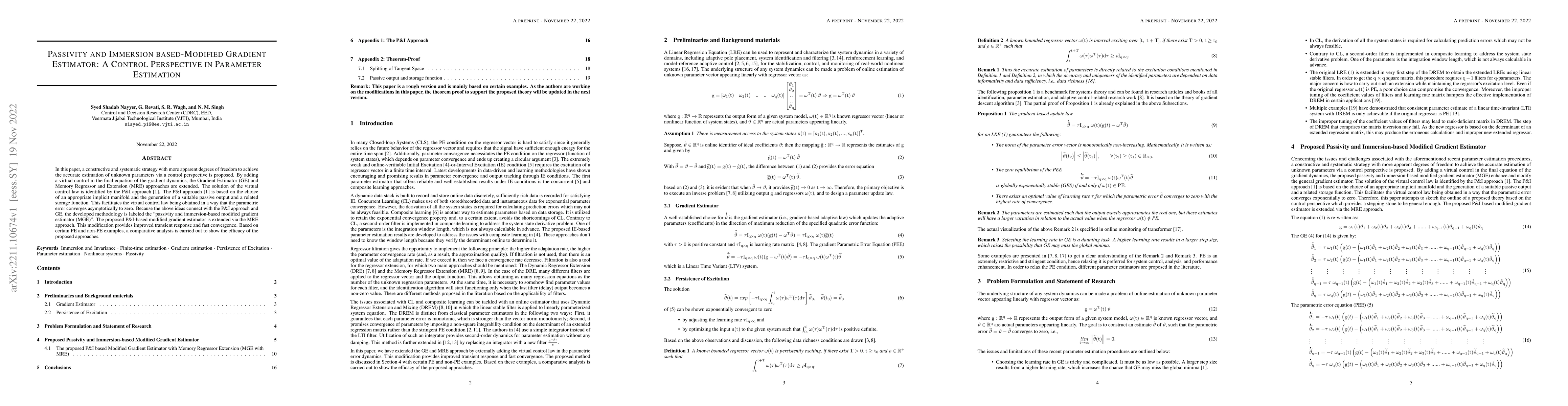 Thumbnail for Passivity and Immersion based-modified gradient estimator: A control
  perspective in parameter estimation