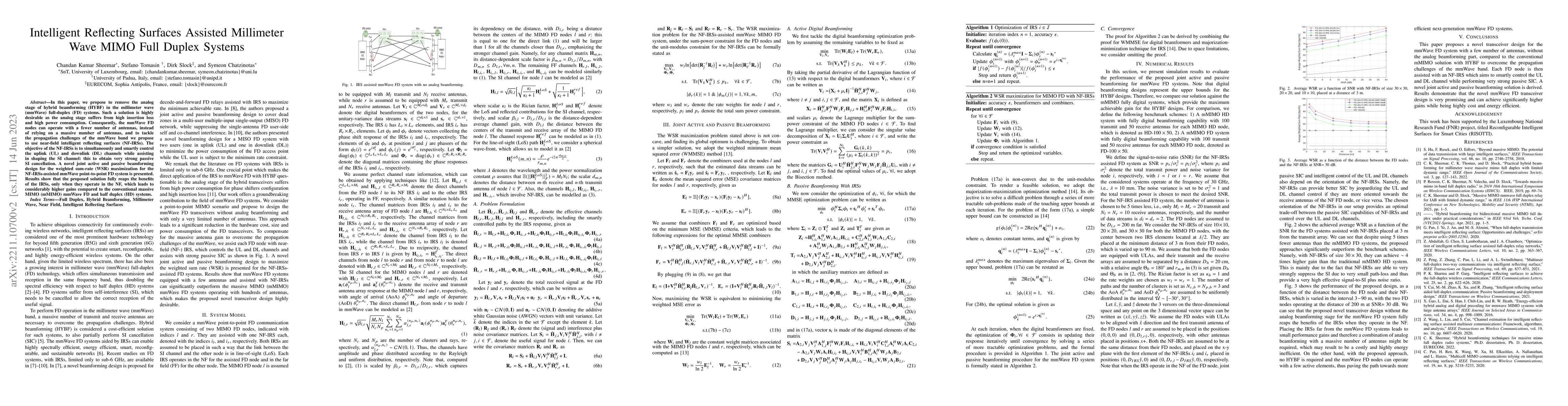 Thumbnail for Intelligent Reflecting Surfaces Assisted Millimeter Wave MIMO Full
  Duplex Systems