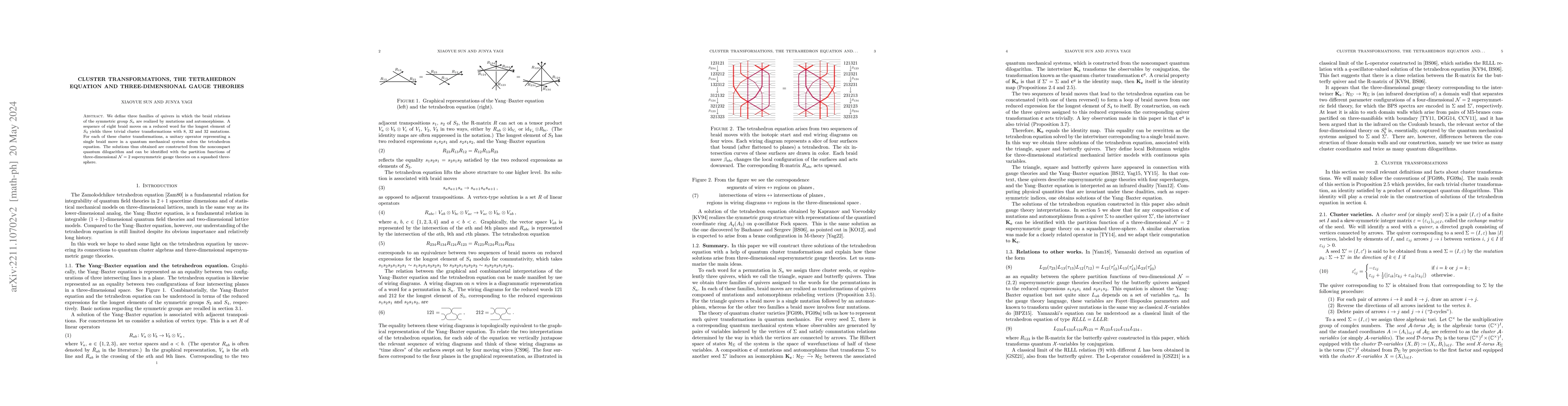 Thumbnail for Cluster transformations, the tetrahedron equation and three-dimensional
  gauge theories