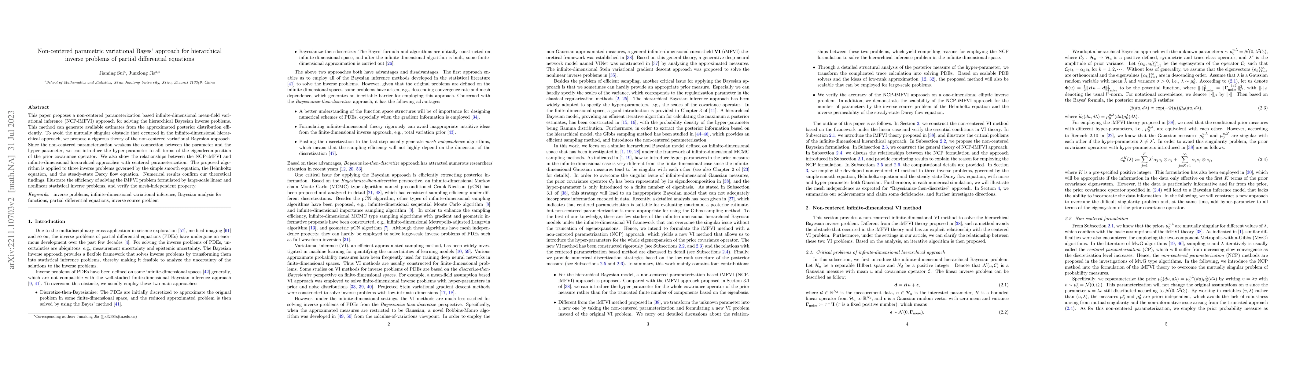 Thumbnail for Non-centered parametric variational Bayes' approach for hierarchical
  inverse problems of partial differential equations