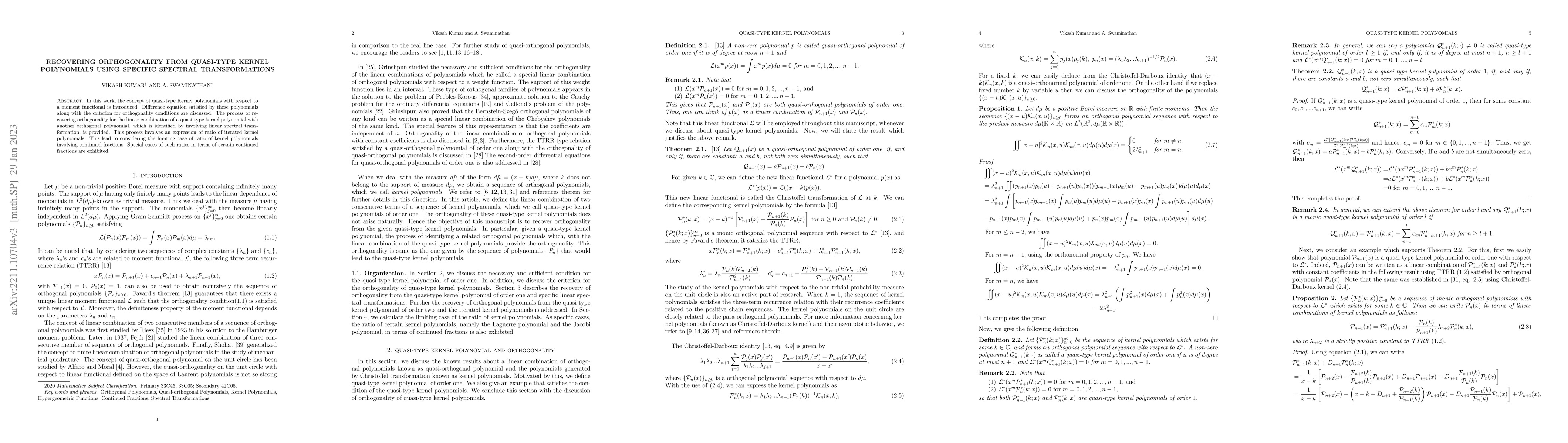 Thumbnail for Recovering orthogonality from Quasi-type Kernel Polynomials using
  specific spectral transformations