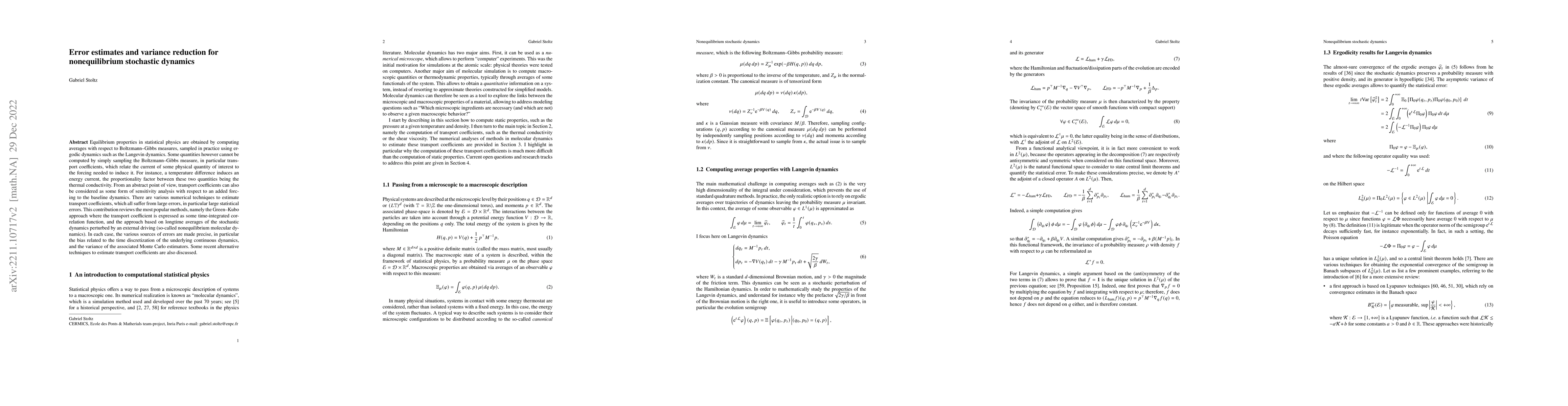 Thumbnail for Error estimates and variance reduction for nonequilibrium stochastic
  dynamics