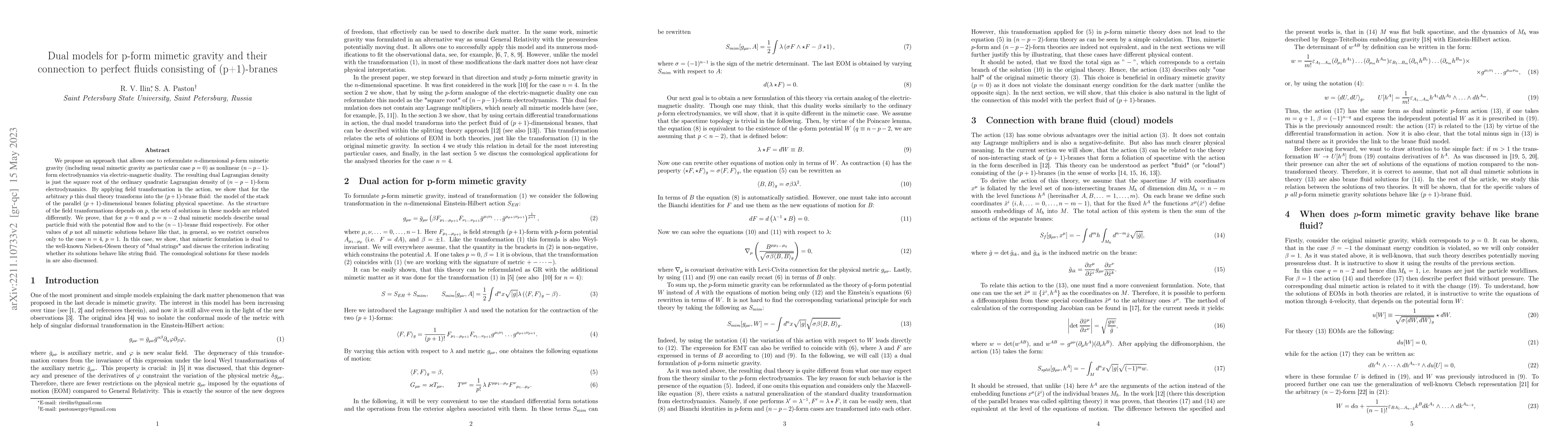 Thumbnail for Dual models for p-form mimetic gravity and their connection to perfect
  fluids consisting of (p+1)-branes