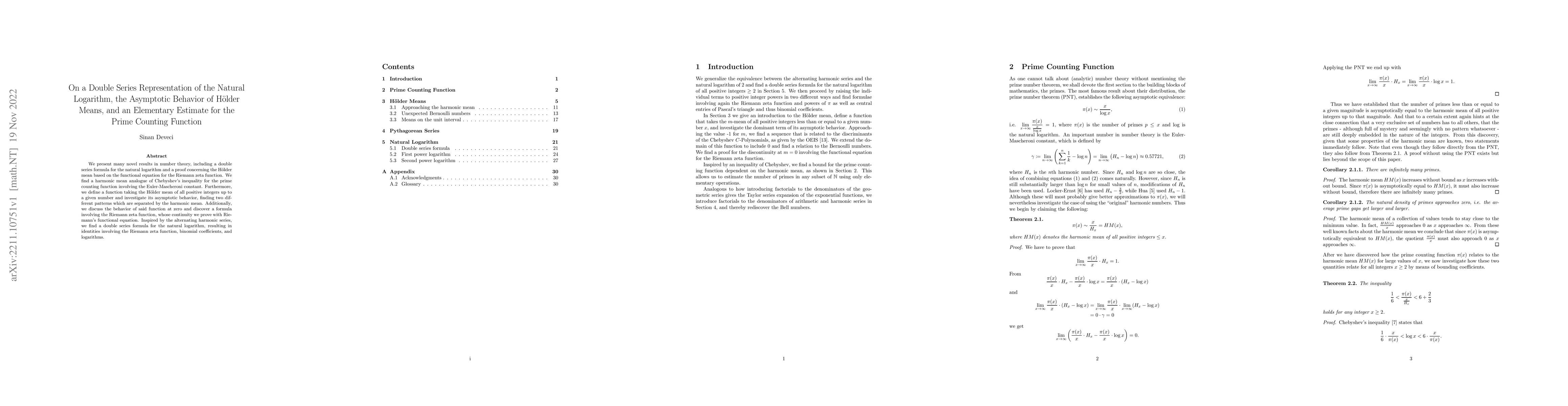 Thumbnail for On a Double Series Representation of the Natural Logarithm, the
  Asymptotic Behavior of H\"older Means, and an Elementary Estimate for the
  Prime Counting Function