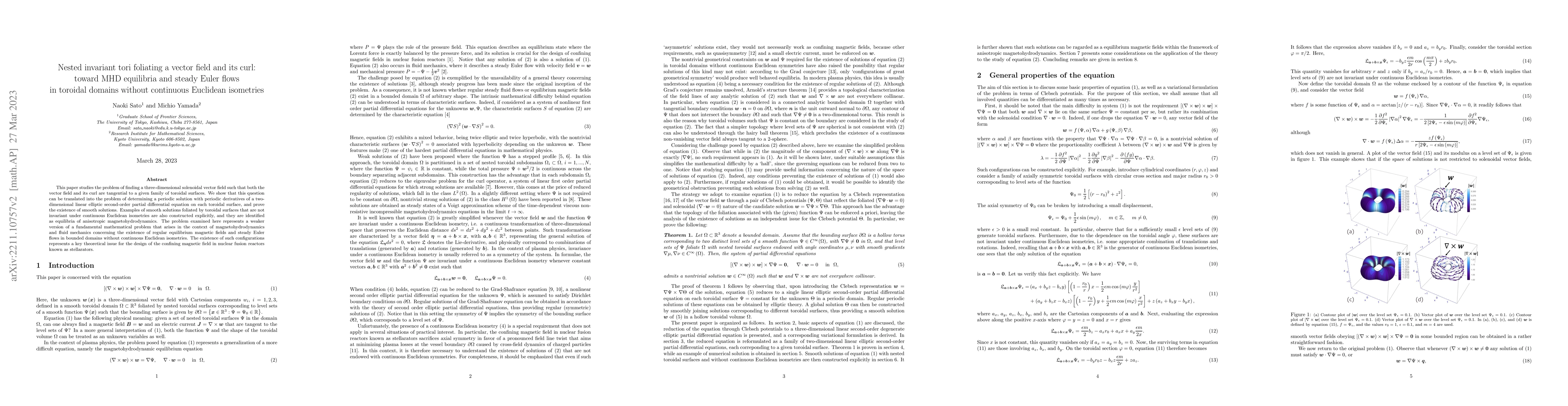 Thumbnail for Nested invariant tori foliating a vector field and its curl: toward MHD
  equilibria and steady Euler flows in toroidal domains without continuous
  Euclidean isometries