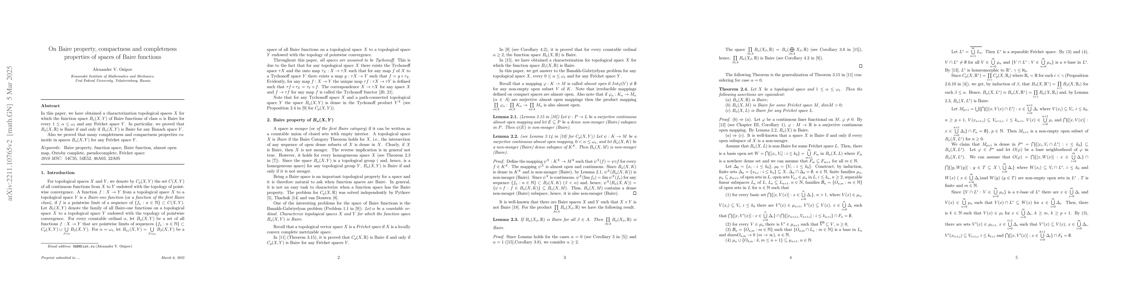 Thumbnail for On Baire property, compactness and completeness properties of spaces of
  Baire functions