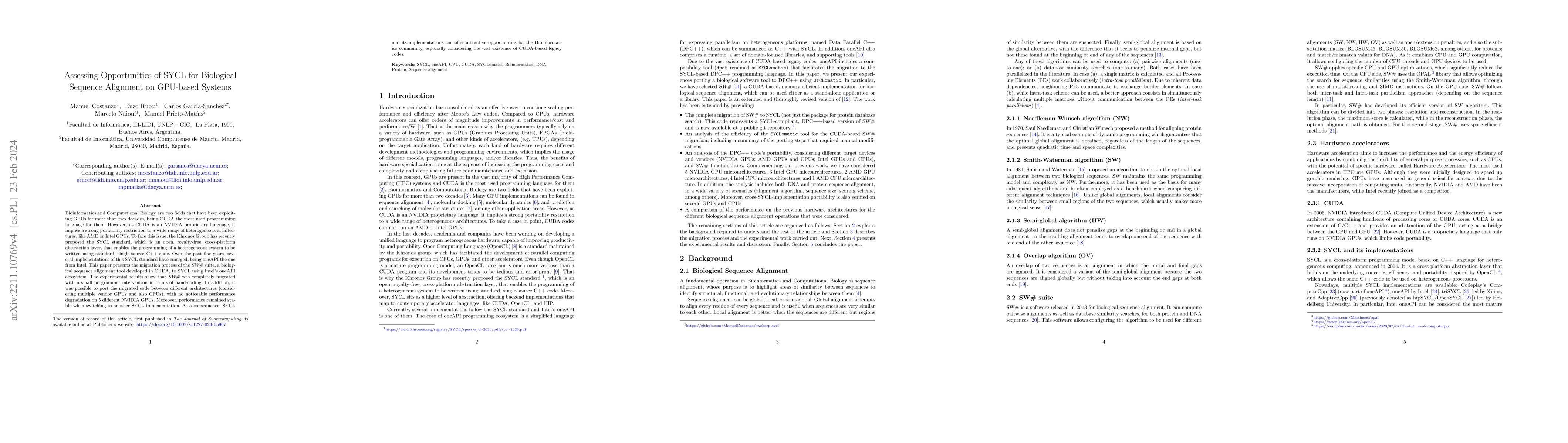 Thumbnail for Assessing Opportunities of SYCL for Biological Sequence Alignment on
  GPU-based Systems