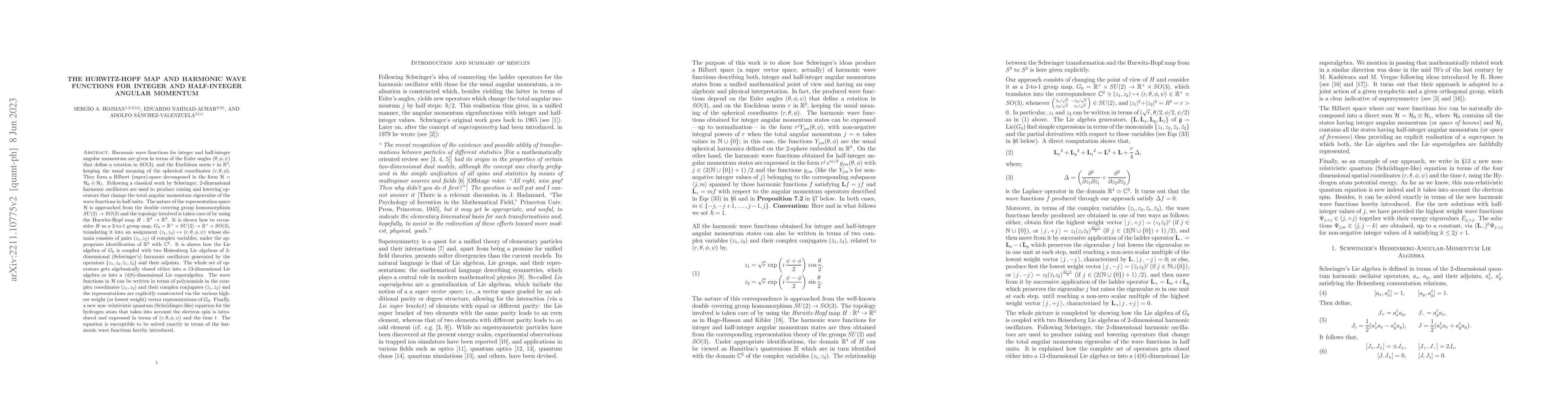 Thumbnail for The Hurwitz-Hopf Map and Harmonic Wave Functions for Integer and
  Half-Integer Angular Momentum