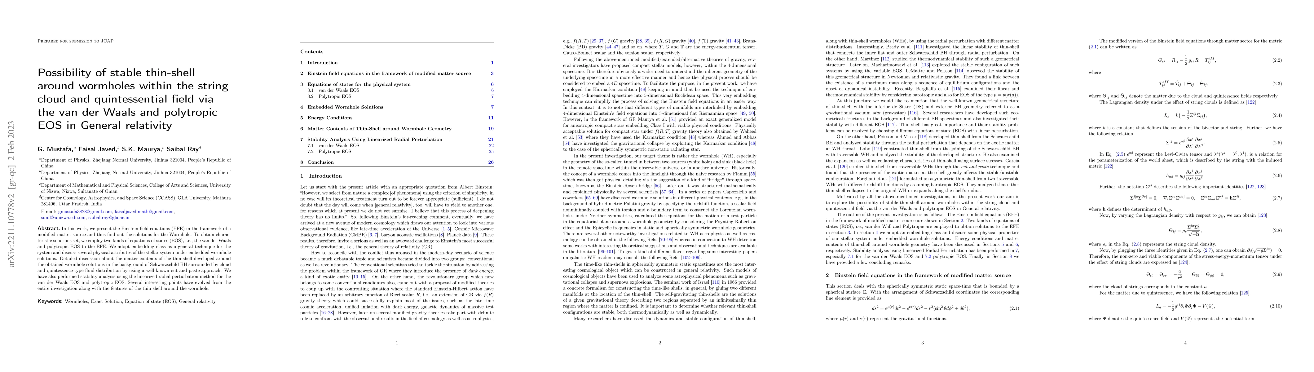 Thumbnail for Possibility of stable thin-shell around wormholes within the string
  cloud and quintessential field via the van der Waals and polytropic EOS in
  General relativity