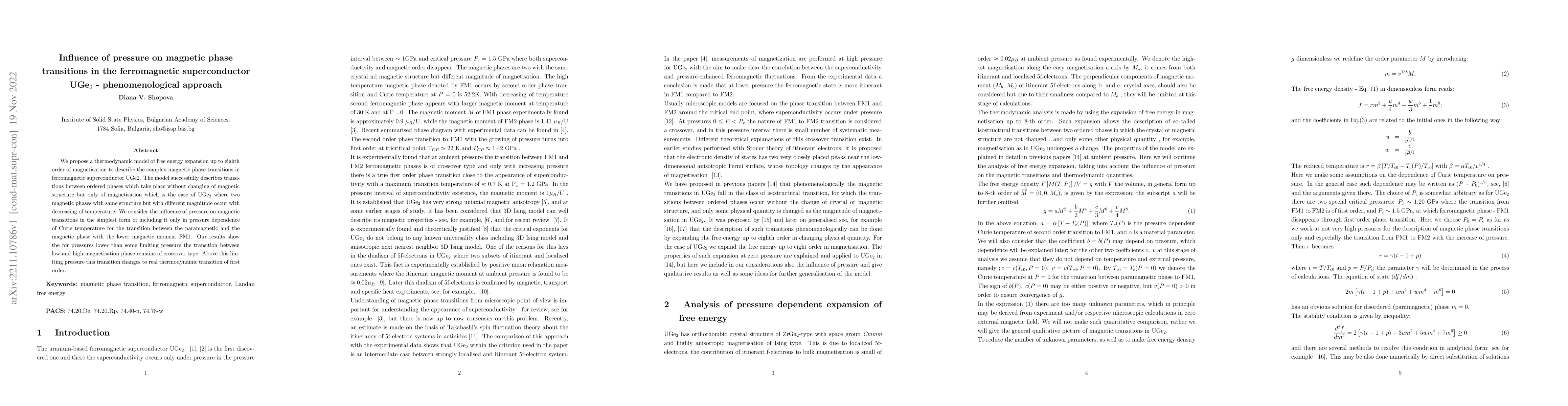 Thumbnail for Infuence of pressure on magnetic phase transitions in the ferromagnetic
  superconductor UGe$_2$ -- phenomenological approach