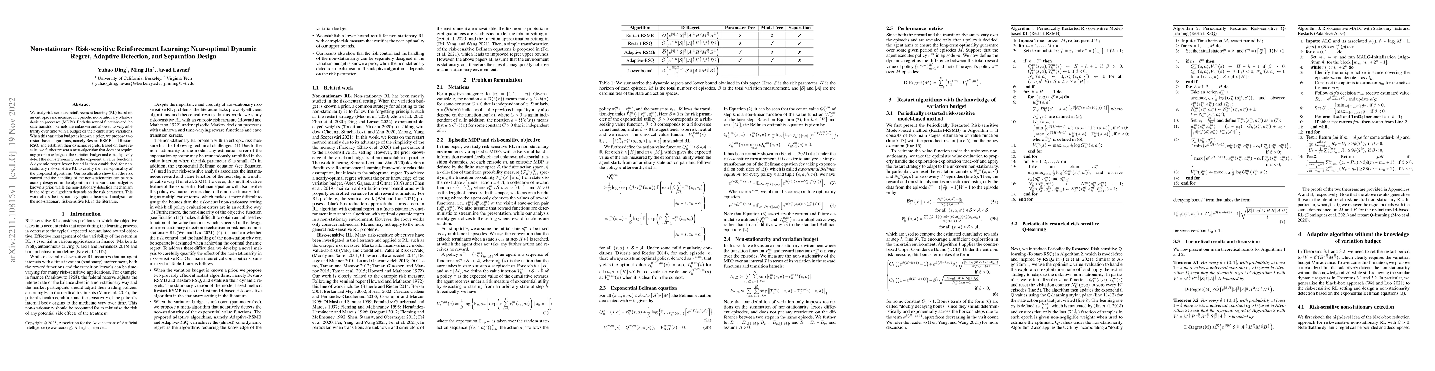 Thumbnail for Non-stationary Risk-sensitive Reinforcement Learning: Near-optimal
  Dynamic Regret, Adaptive Detection, and Separation Design