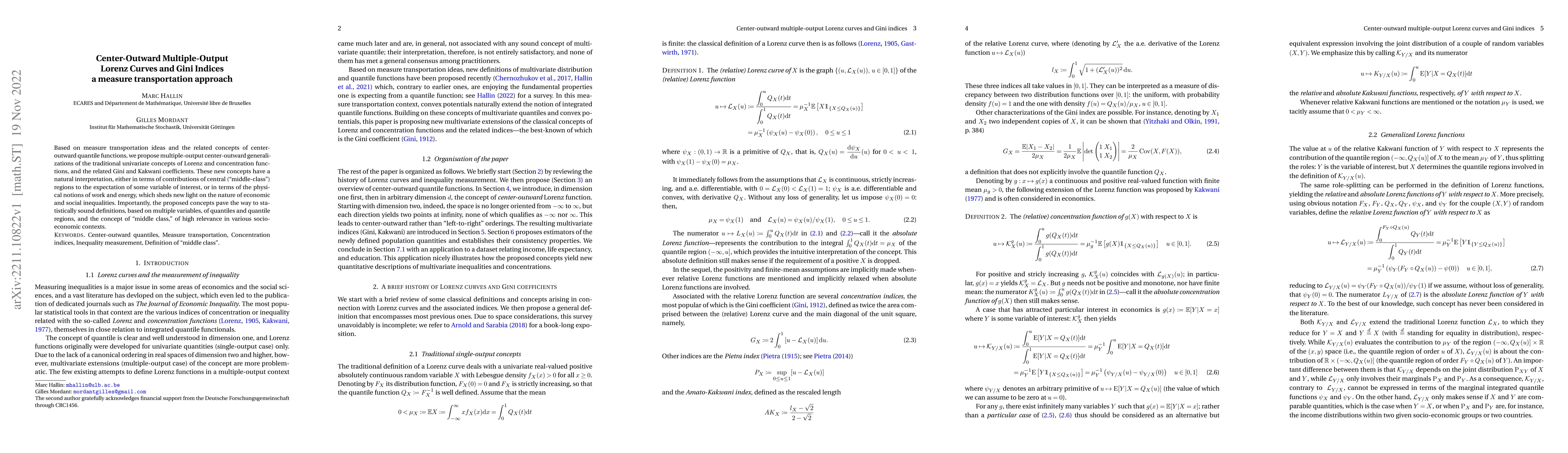 Thumbnail for Center-Outward Multiple-Output Lorenz Curves and Gini Indices a measure
  transportation approach